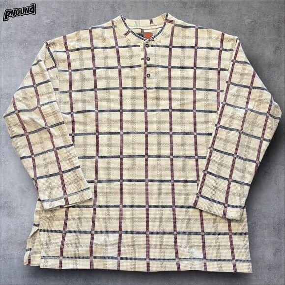 Vtg IOU Henley Shirt Mens L Grid Plaid Waffle-Knit 90’s 2 - Picture 1 of 8